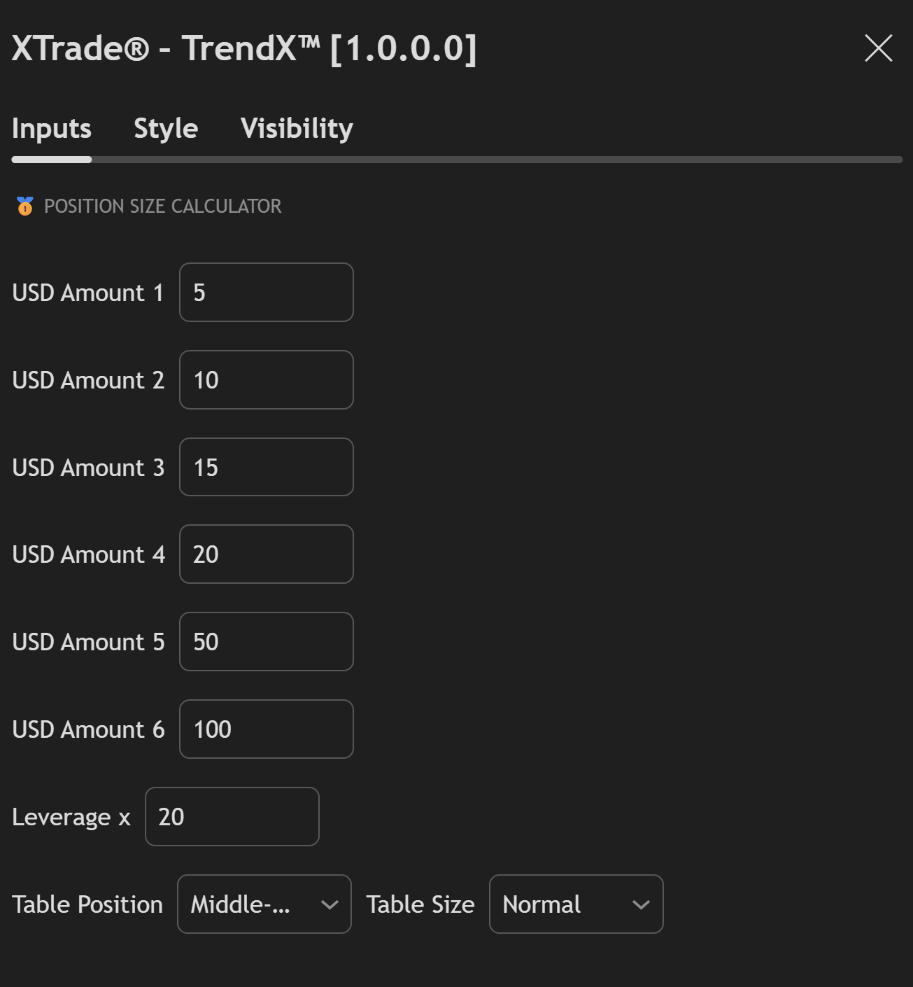 XTrade - TrendX Indicator - Position Size Calculator